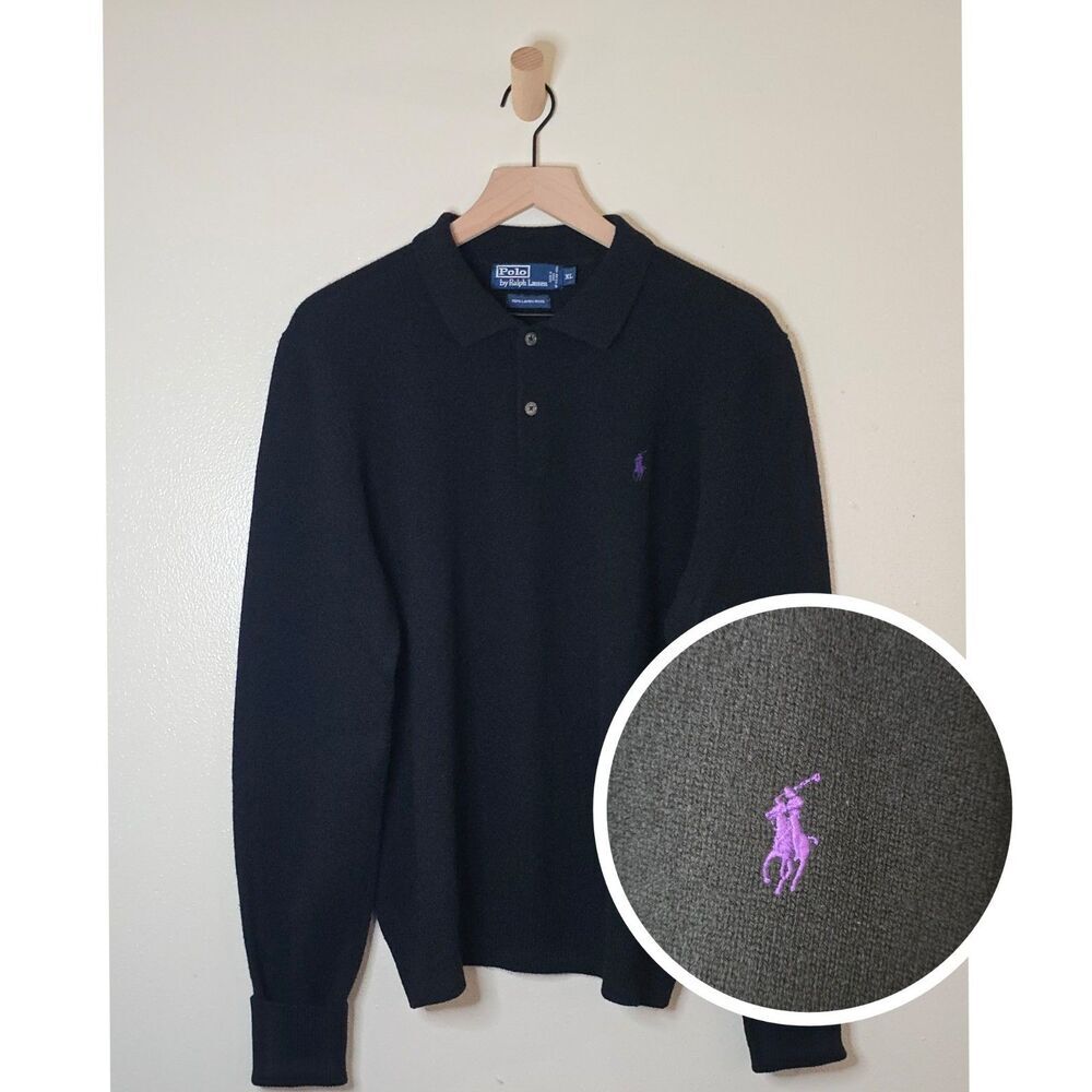 Vintage Polo Ralph Lauren Lambswool Polo Sweater Mens XL Black Purple Pony Knit